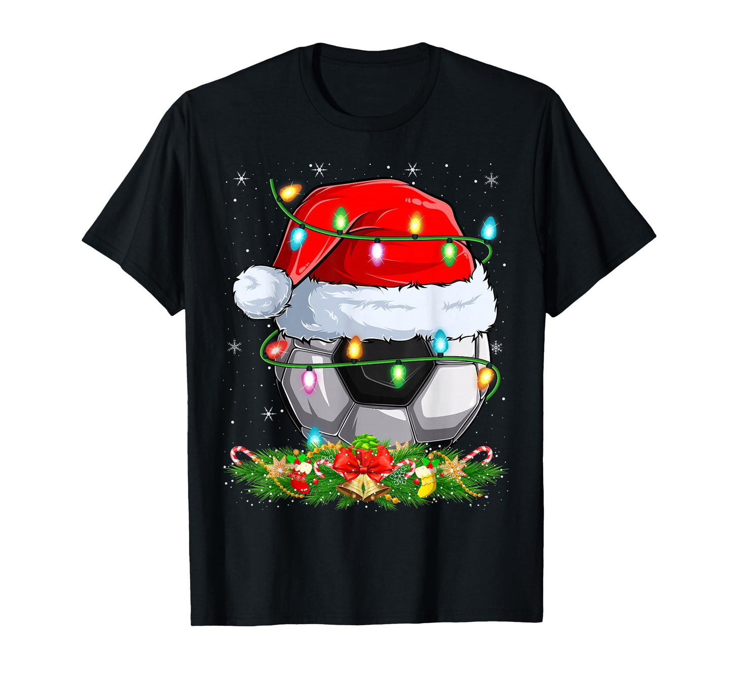 Soccer Ball Christmas Lights Funny Santa Soccer Player Xmas T-Shirt