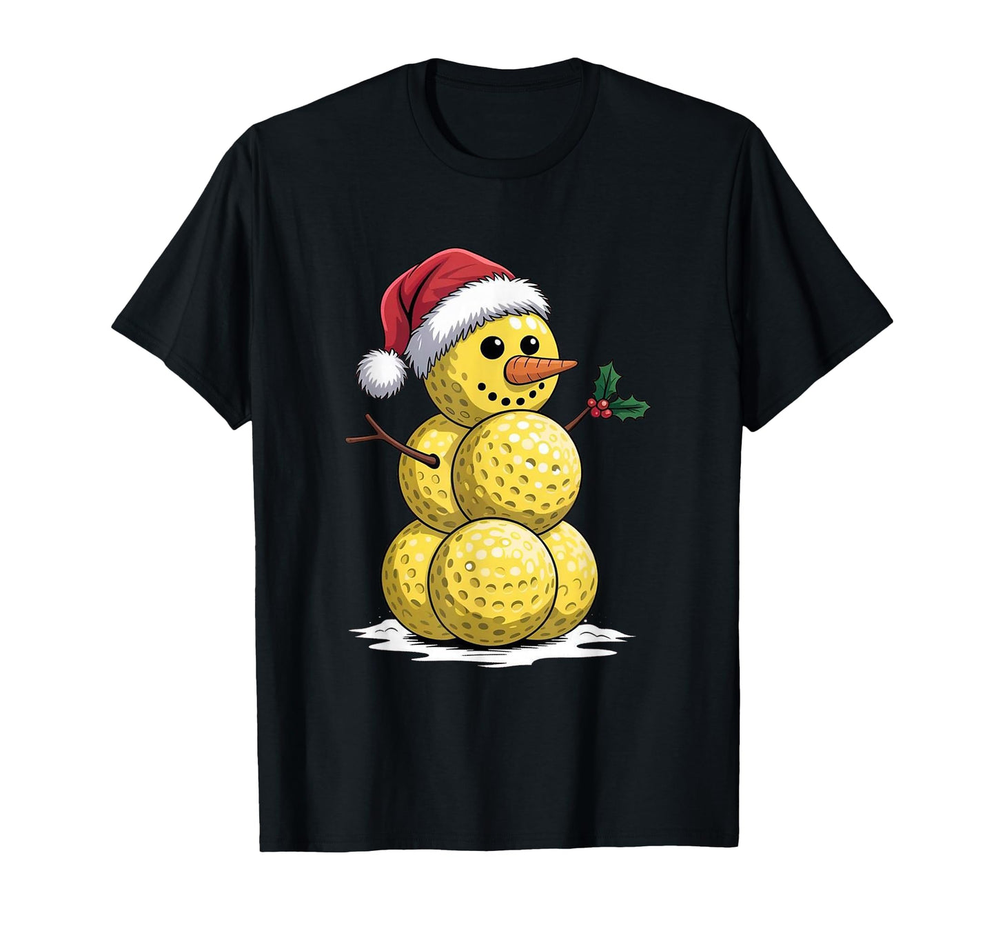 Funny Pickleball Snowman Christmas Santa Hat Winter T-Shirt