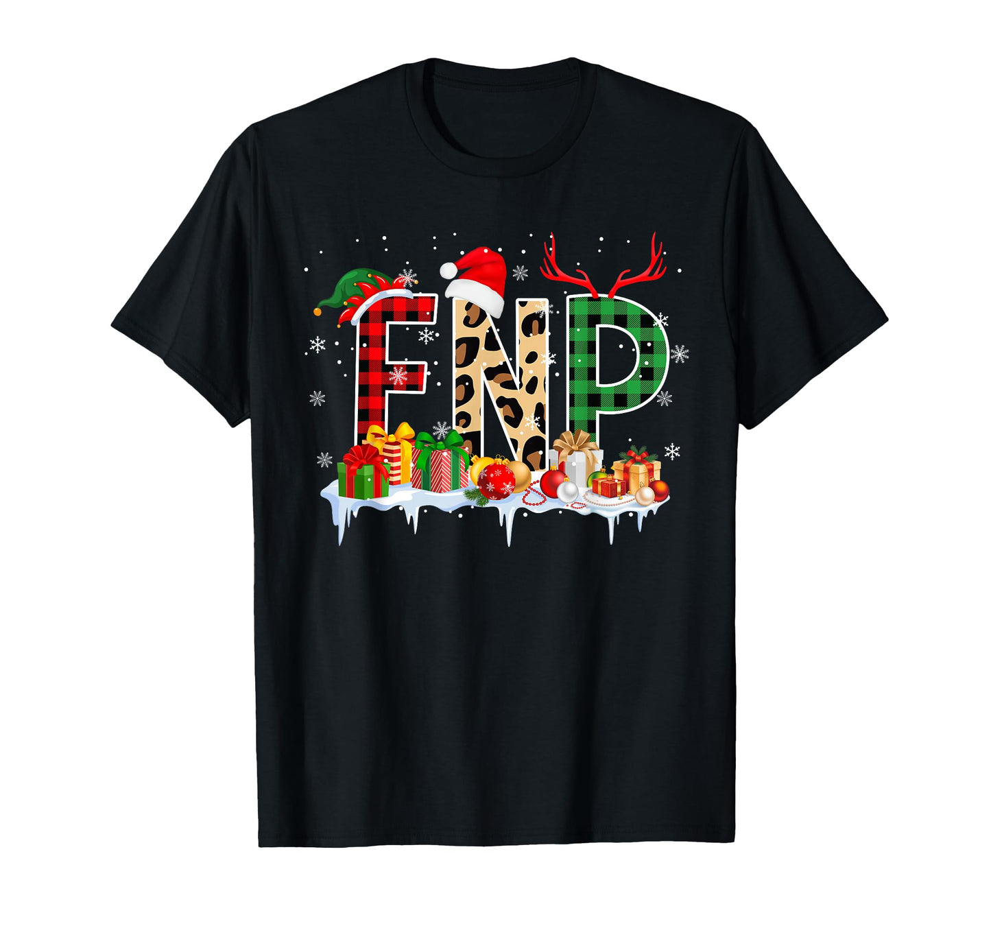 Leopard Red Plaid FNP Nursing Santa Hat Reindeer Christmas T-Shirt