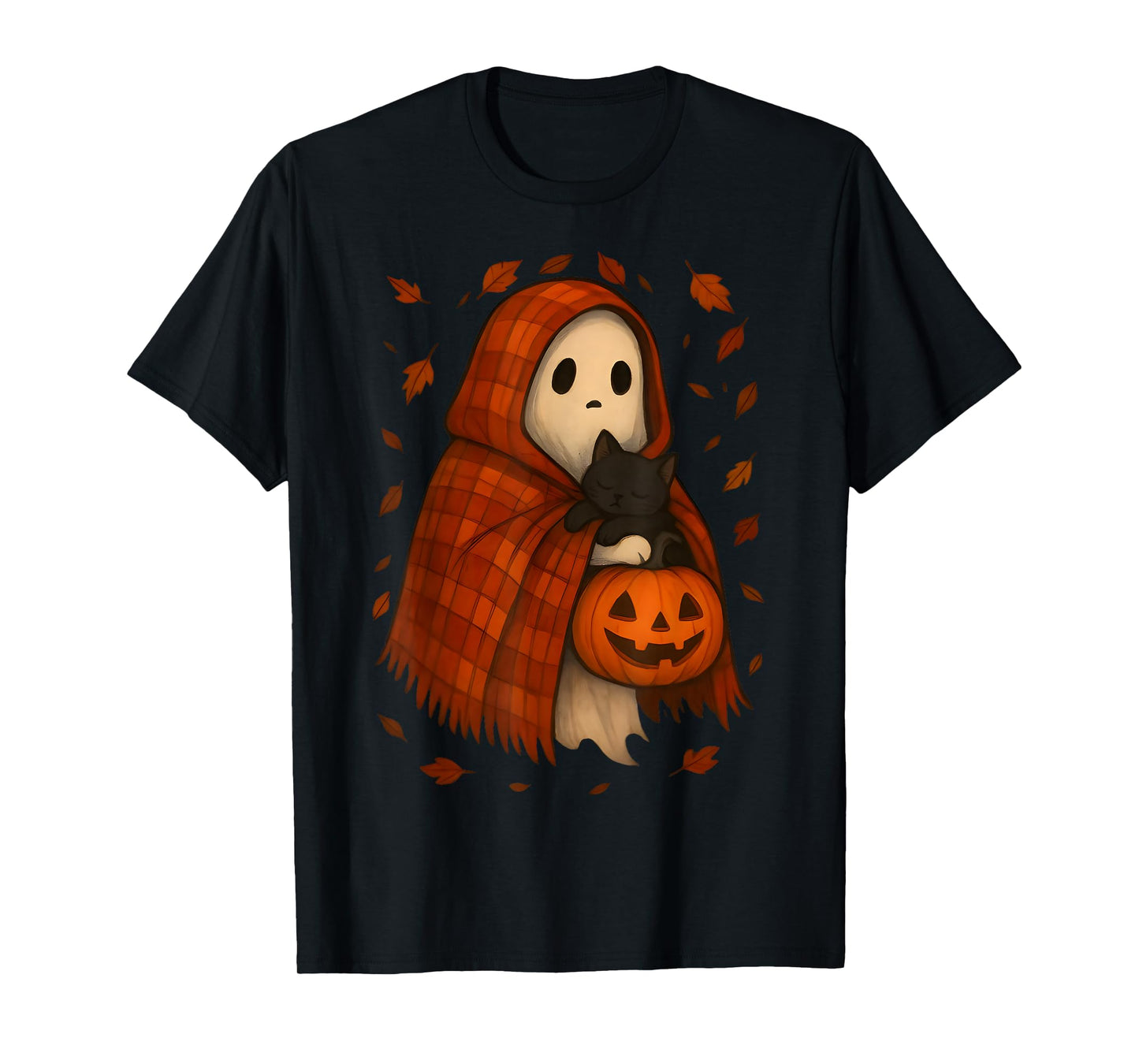 Vintage Halloween Ghost Holding Black Cat Groovy Floral T-Shirt