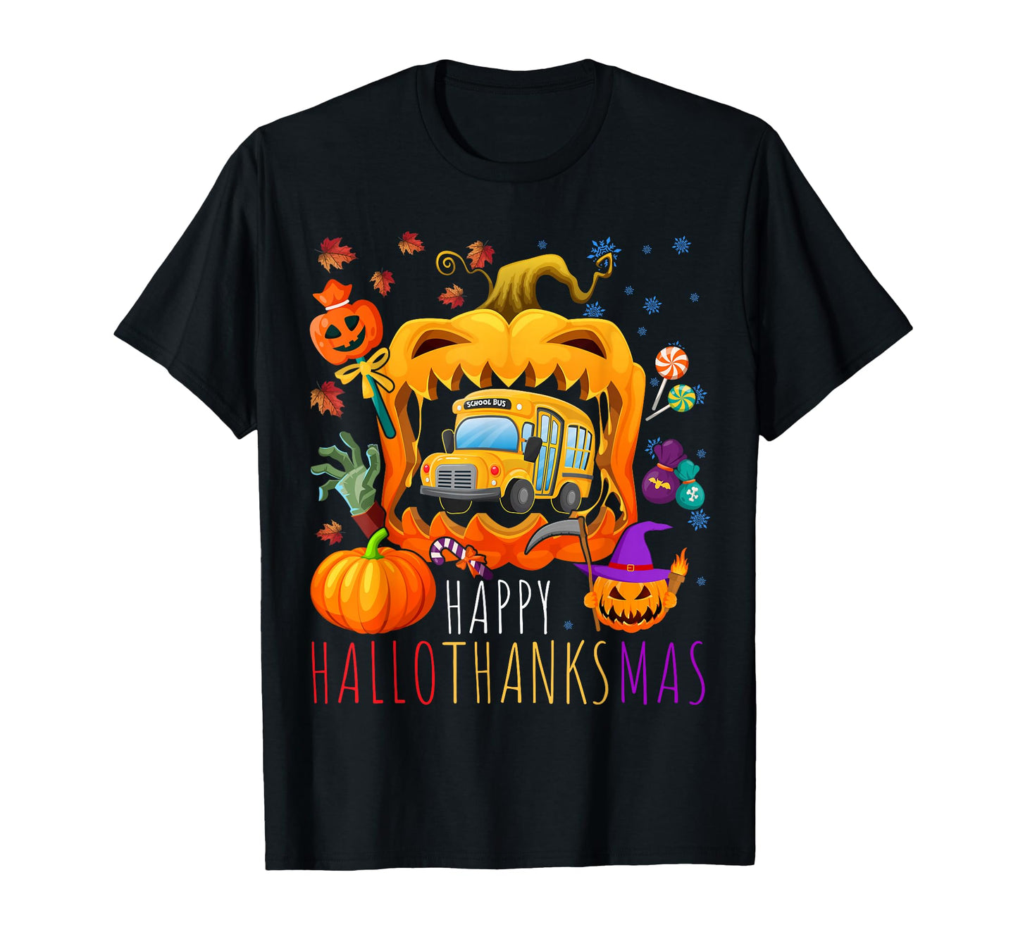 Happy Hallothanksmas School Bus Halloween Thanksgiving Xmas T-Shirt