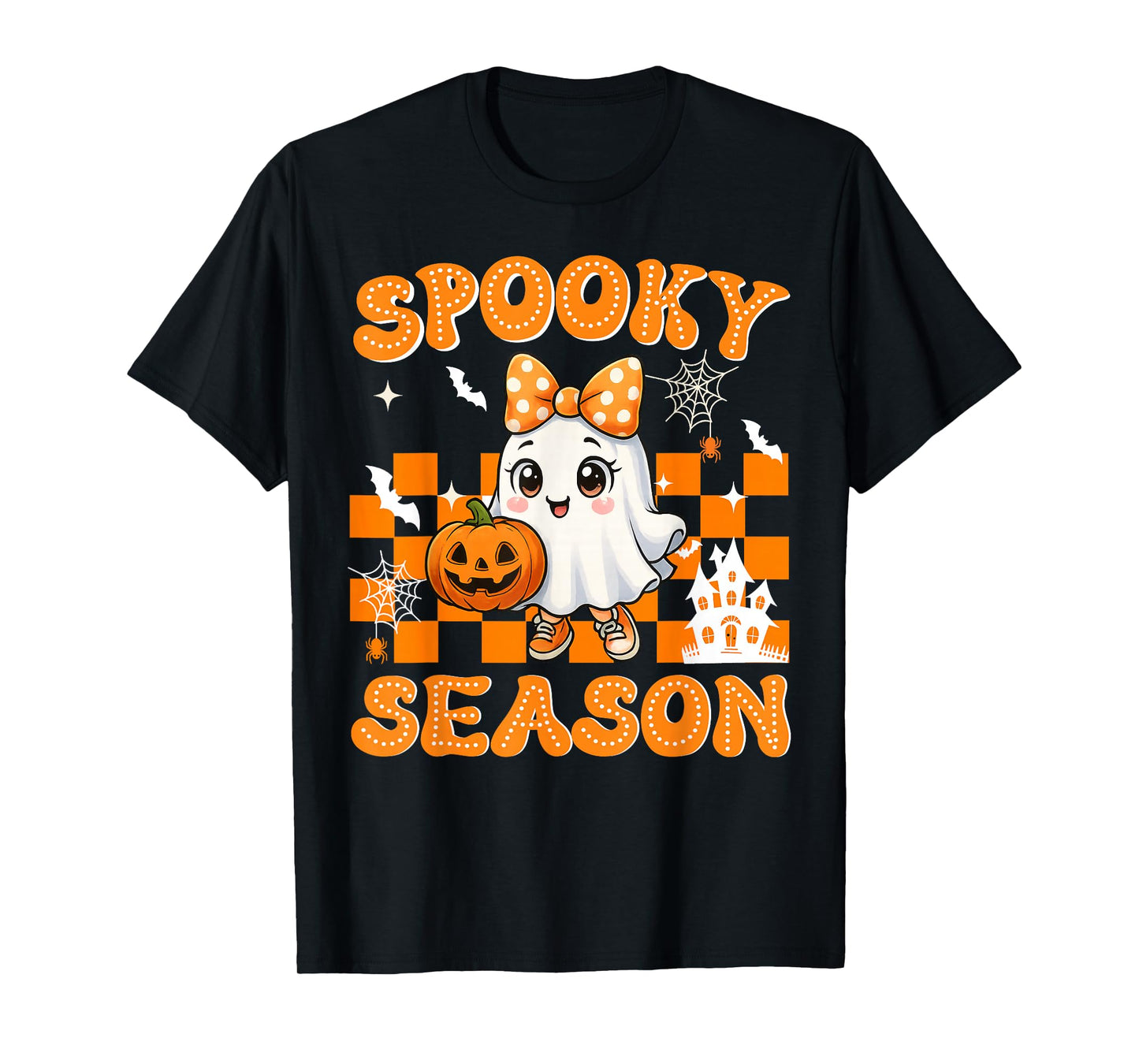 Groovy Spooky Season Retro Ghost Holding Pumpkin Halloween T-Shirt
