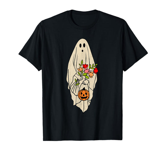 Retro Vintage Ghost Floral Pumpkin Halloween Womens Girls T-Shirt