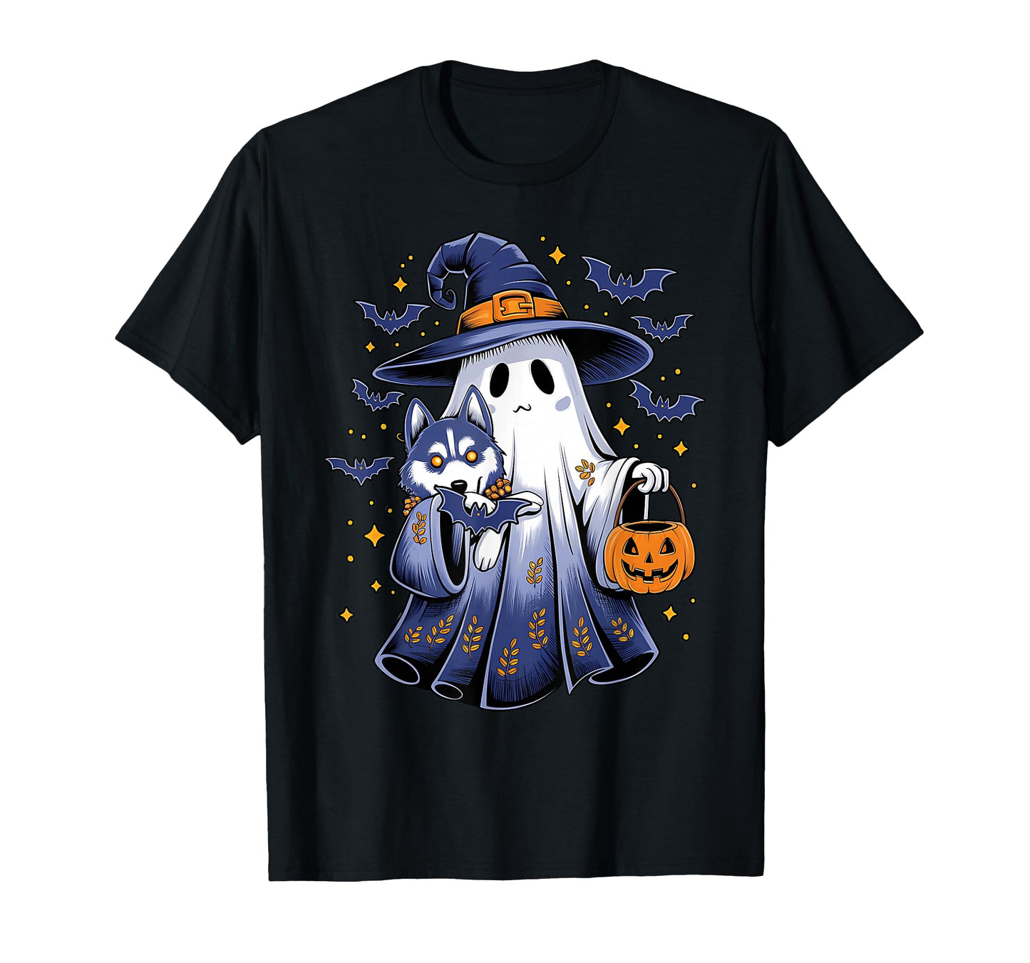 Ghost Witch Holding Siberian Husky Dog Pumpkins Halloween T-Shirt