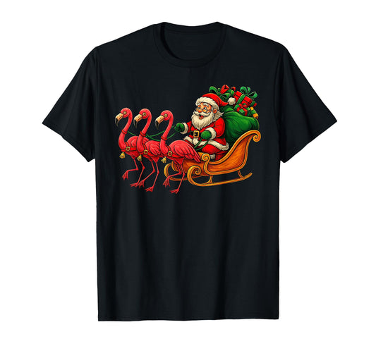 Cute Santa Sleigh Flamingo Funny Christmas T-Shirt