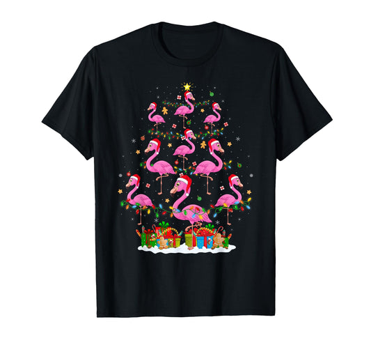Flamingo Christmas Tree Lights Santa Hat Pink Flamingo Xmas T-Shirt