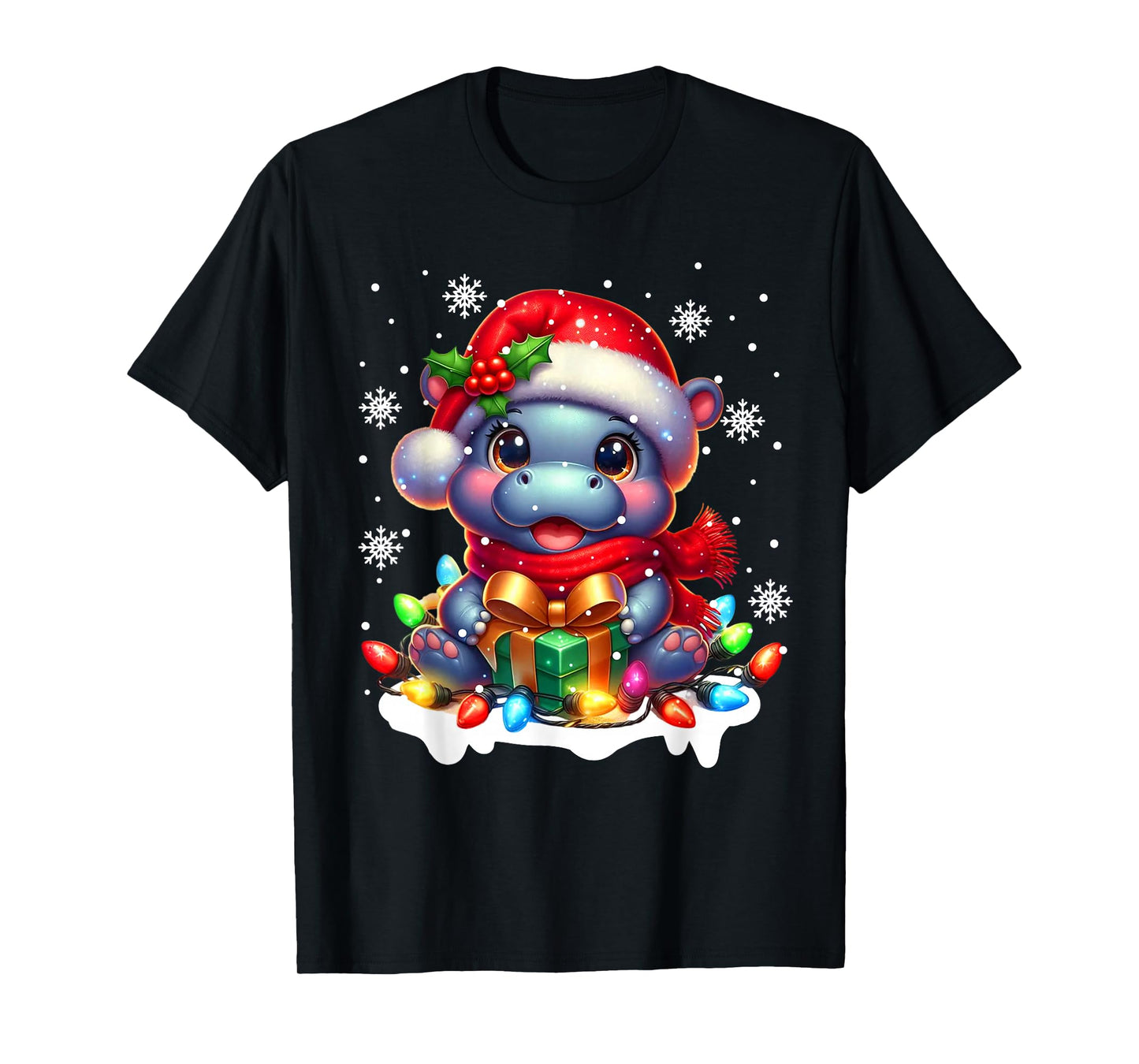Funny Hippopotamus Santa Tangled up in Christmas Lights T-Shirt
