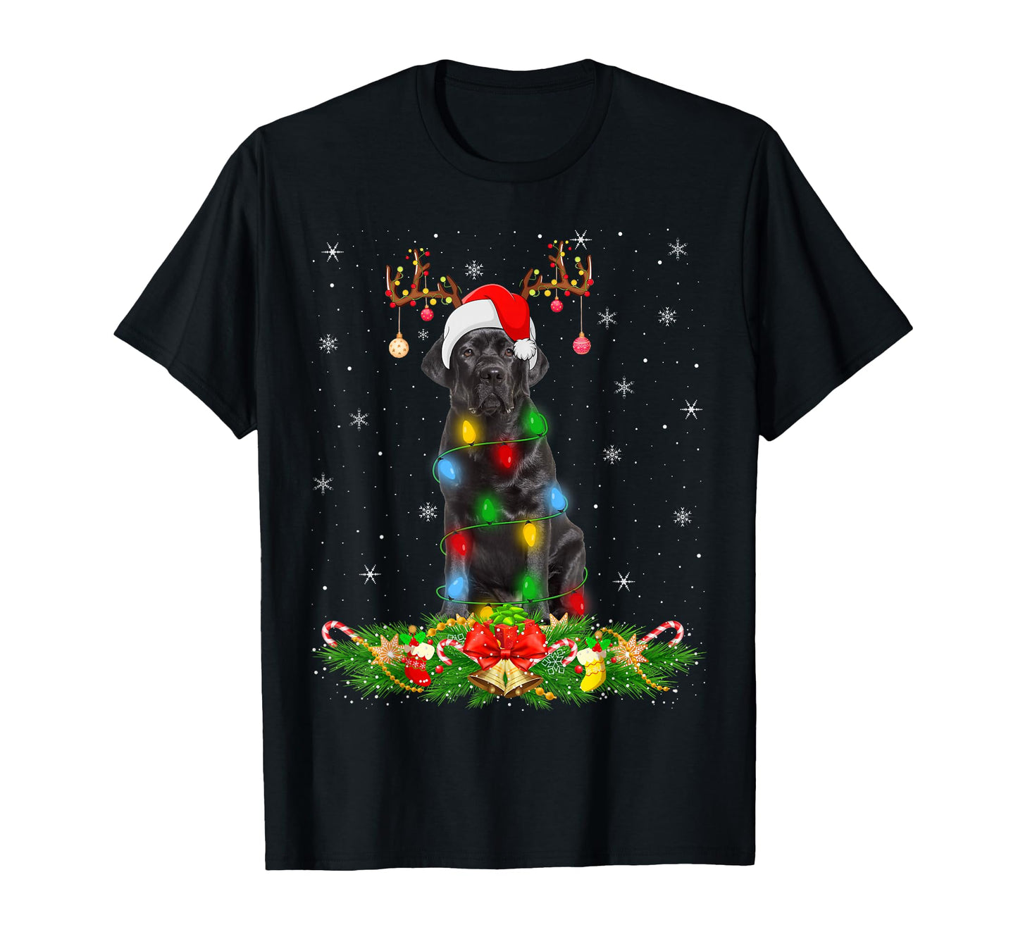 Black Labrador Retriever Dog Xmas Lights Santa Hat Christmas T-Shirt