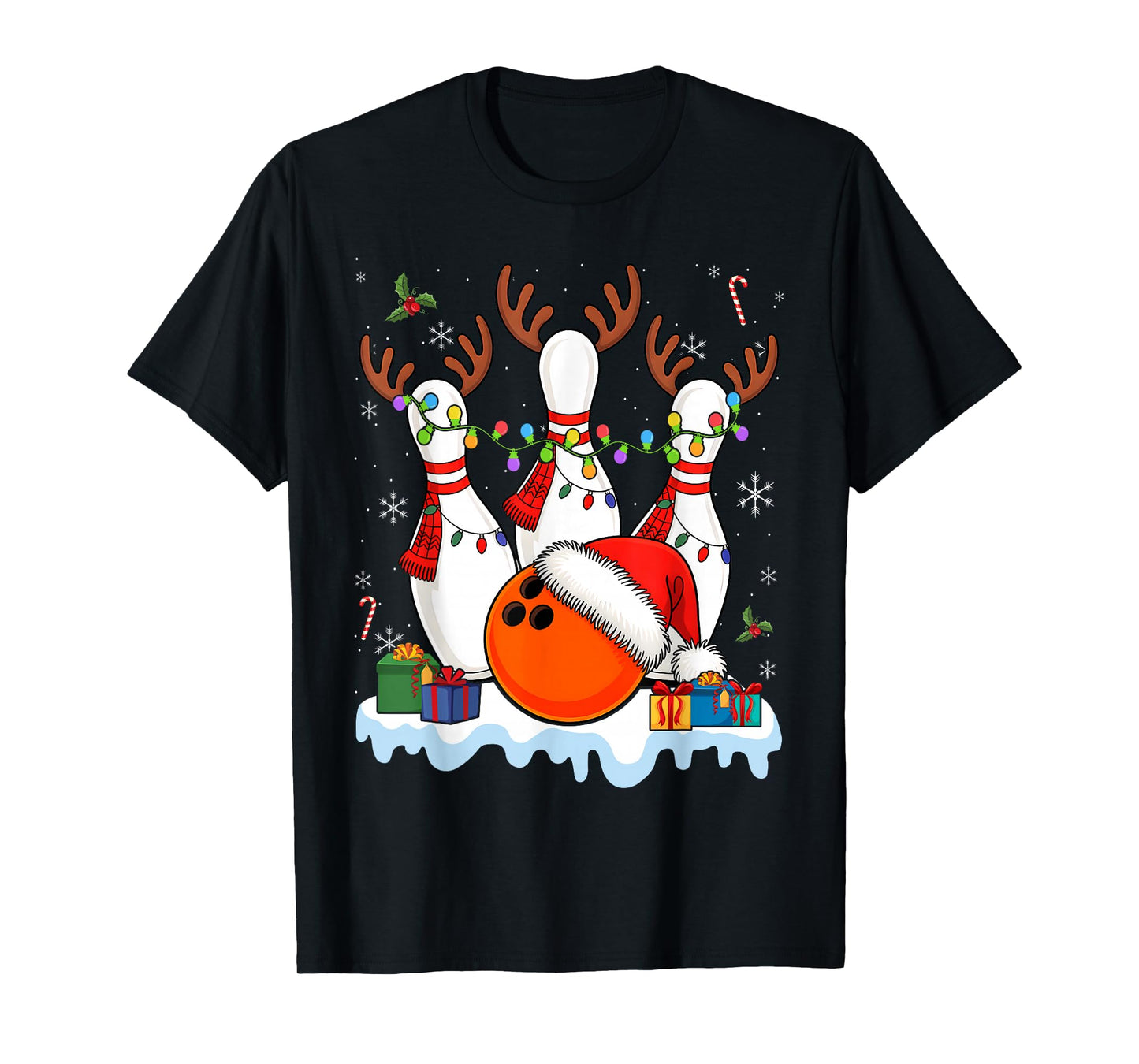 Christmas Bowling Santa Hat Lights T-Shirt
