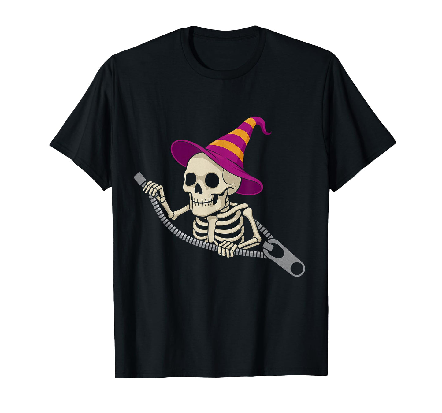 Skeleton in a Witch Hat Emerging from a Zipper for Halloween T-Shirt