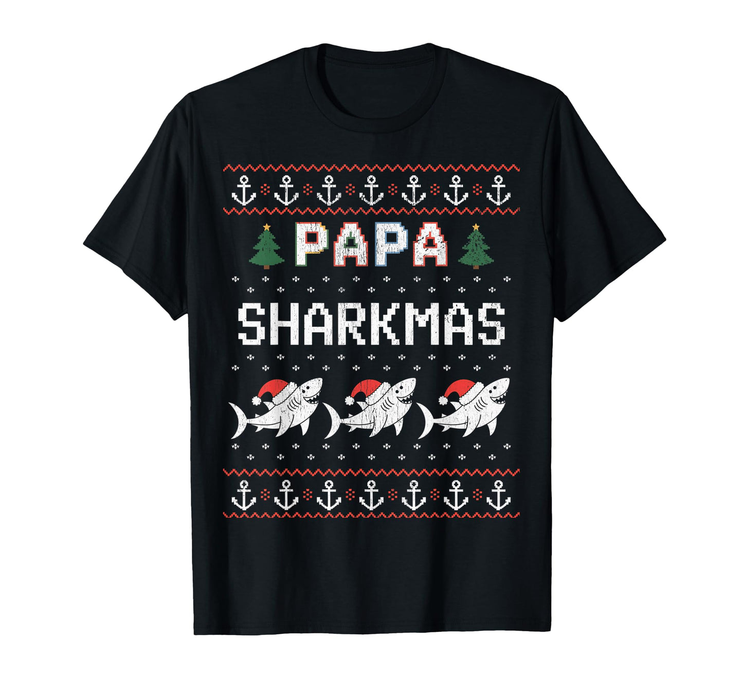 Papa Sharkmas Funny Shark Santa Hat Ugly Christmas Sweater T-Shirt