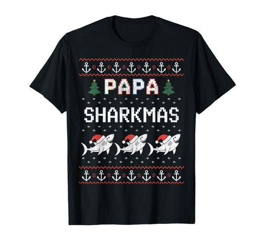 Papa Sharkmas Funny Shark Santa Hat Ugly Christmas Sweater T-Shirt