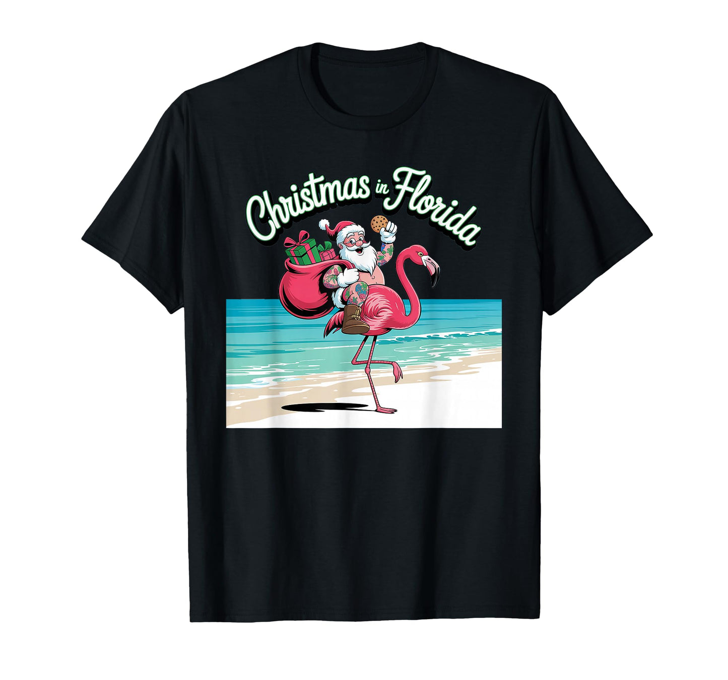 Christmas in Florida Sun Tanning Santa Riding Flamingo T-Shirt