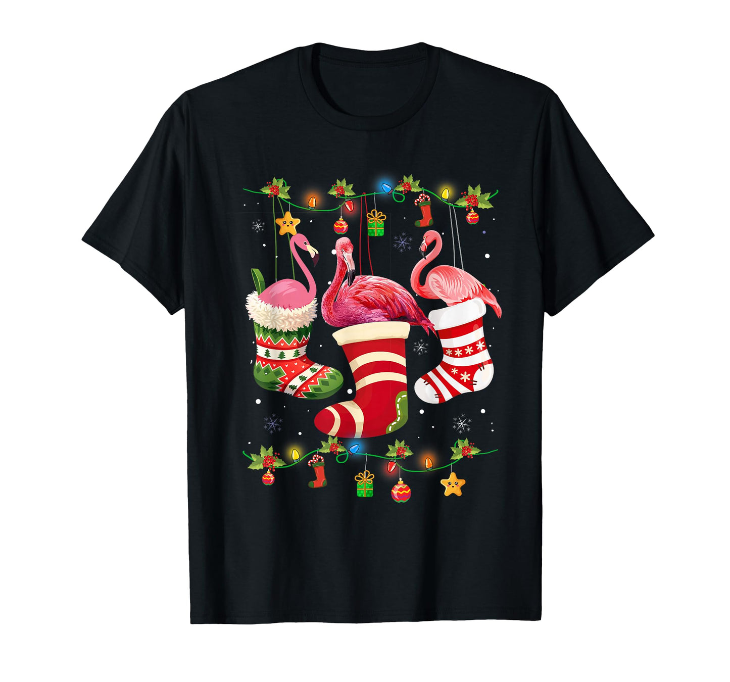 Christmas Lights Pink Flamingo Santa Hat Xmas Women Girls T-Shirt