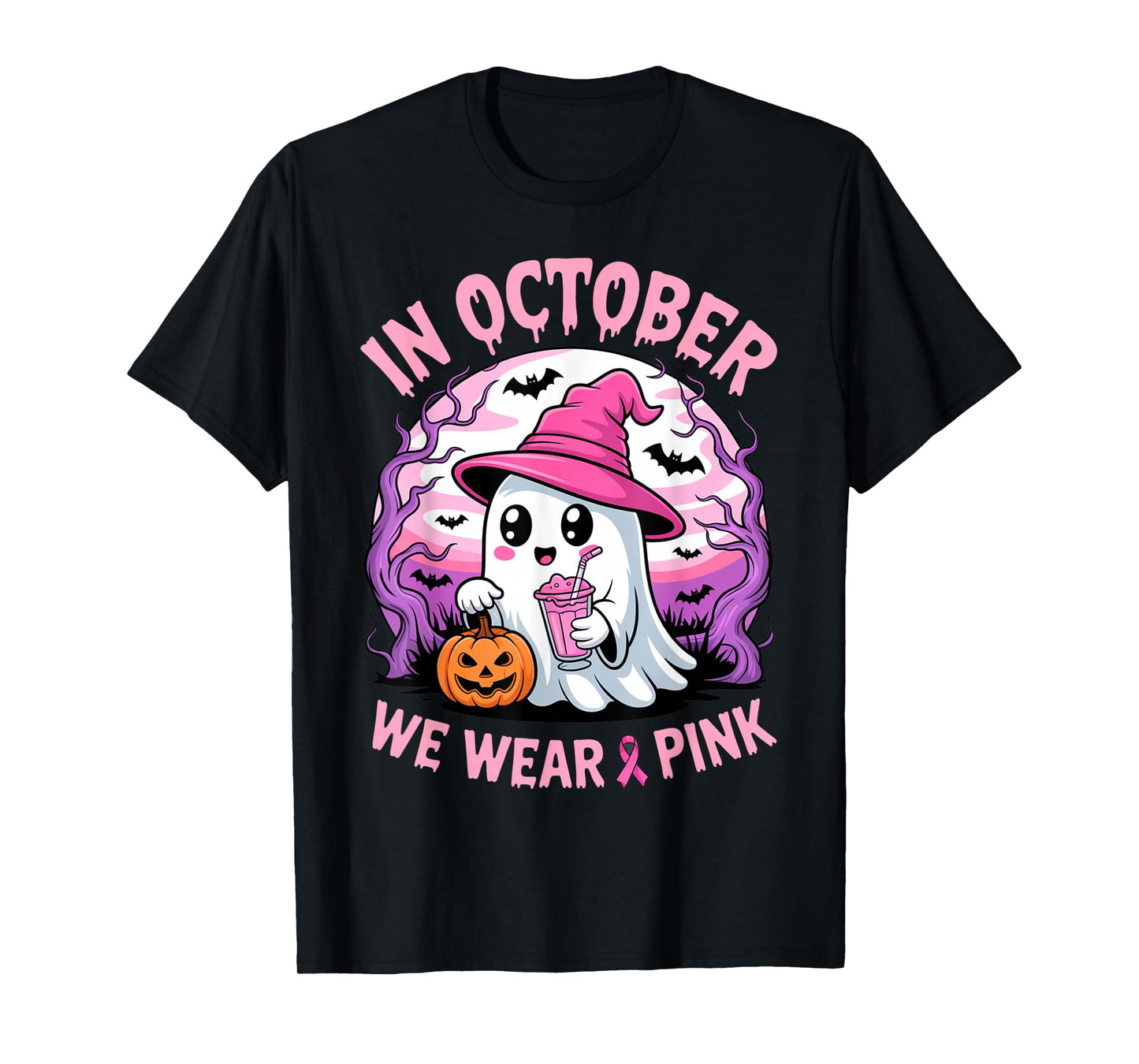 in October We Wear Pink Breast Cancer Halloween Ghost T-Shirt