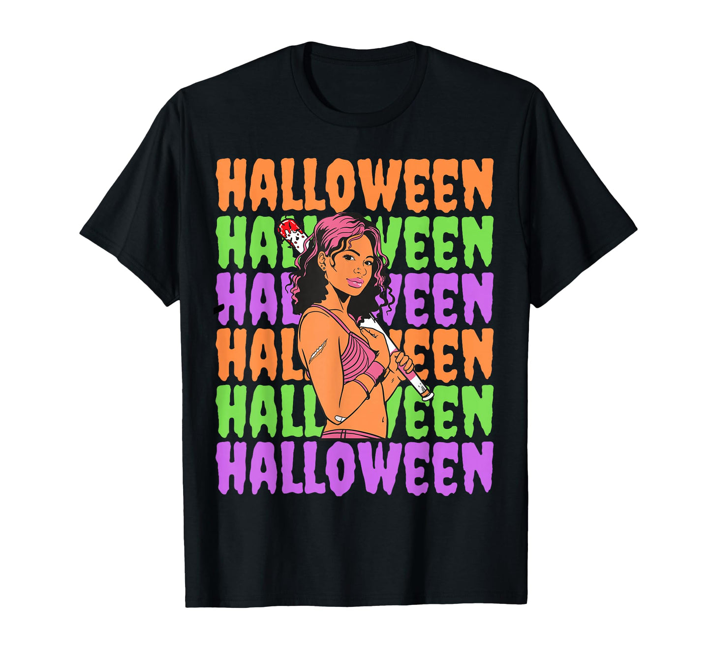 Funny Melanin Halloween Black Girl Magic Scary Blood Bat T-Shirt