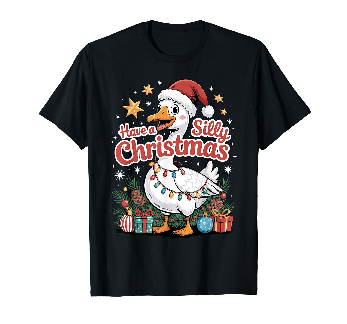Have A Silly Christmas Funny Goose Santa Hat Lights Stars T-Shirt