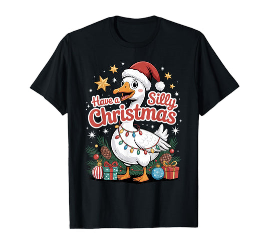 Have A Silly Christmas Funny Goose Santa Hat Lights Stars T-Shirt