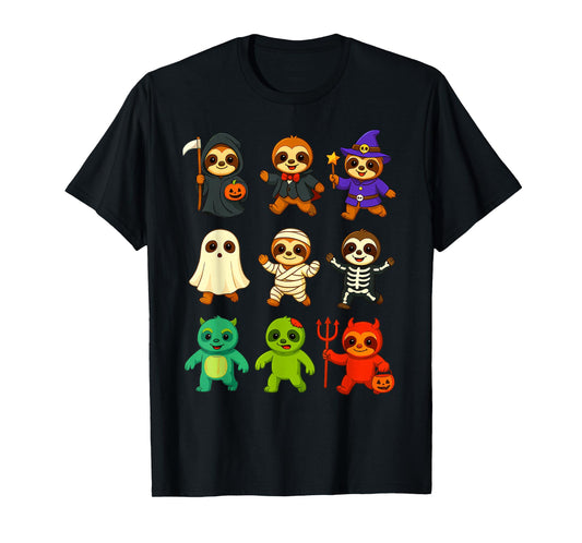 Cute Sloths Witch Pumpkin Skeleton Costume Happy Halloween T-Shirt
