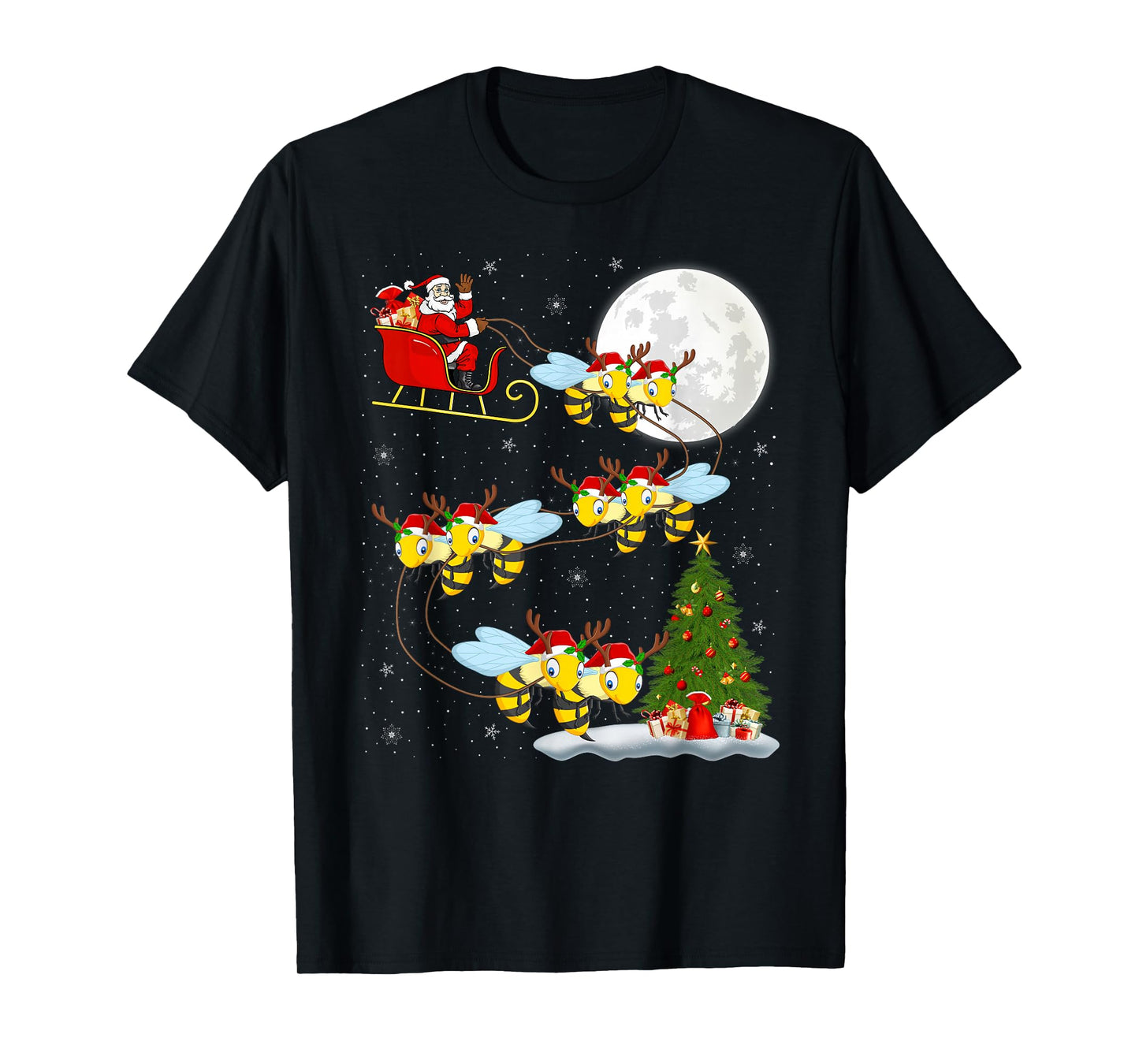 Bees Santa Sleigh Flying Funny Magical Christmas T-Shirt
