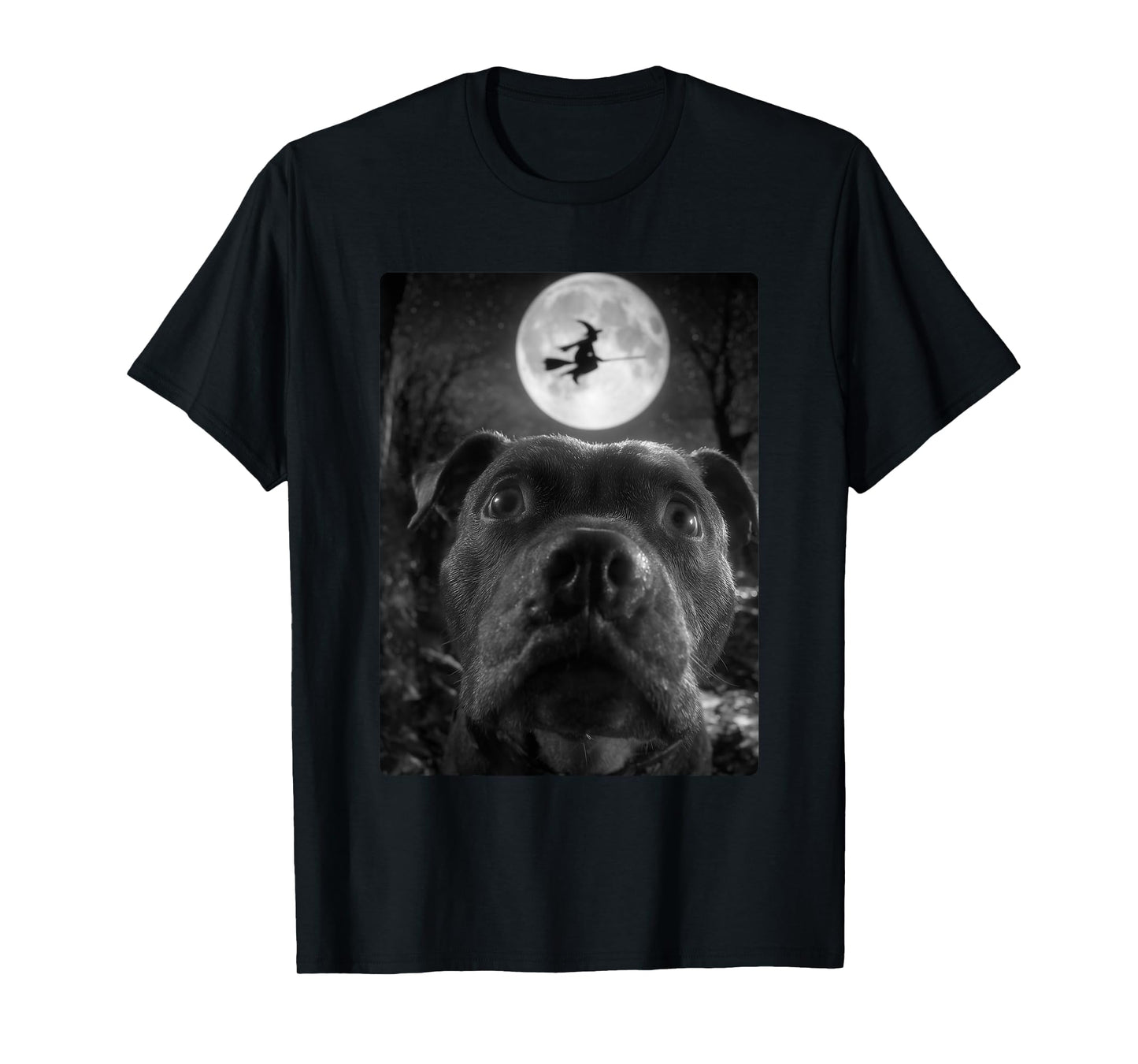 Funny Pit Bull Selfie Full Moon Flying Witch Halloween Dog T-Shirt