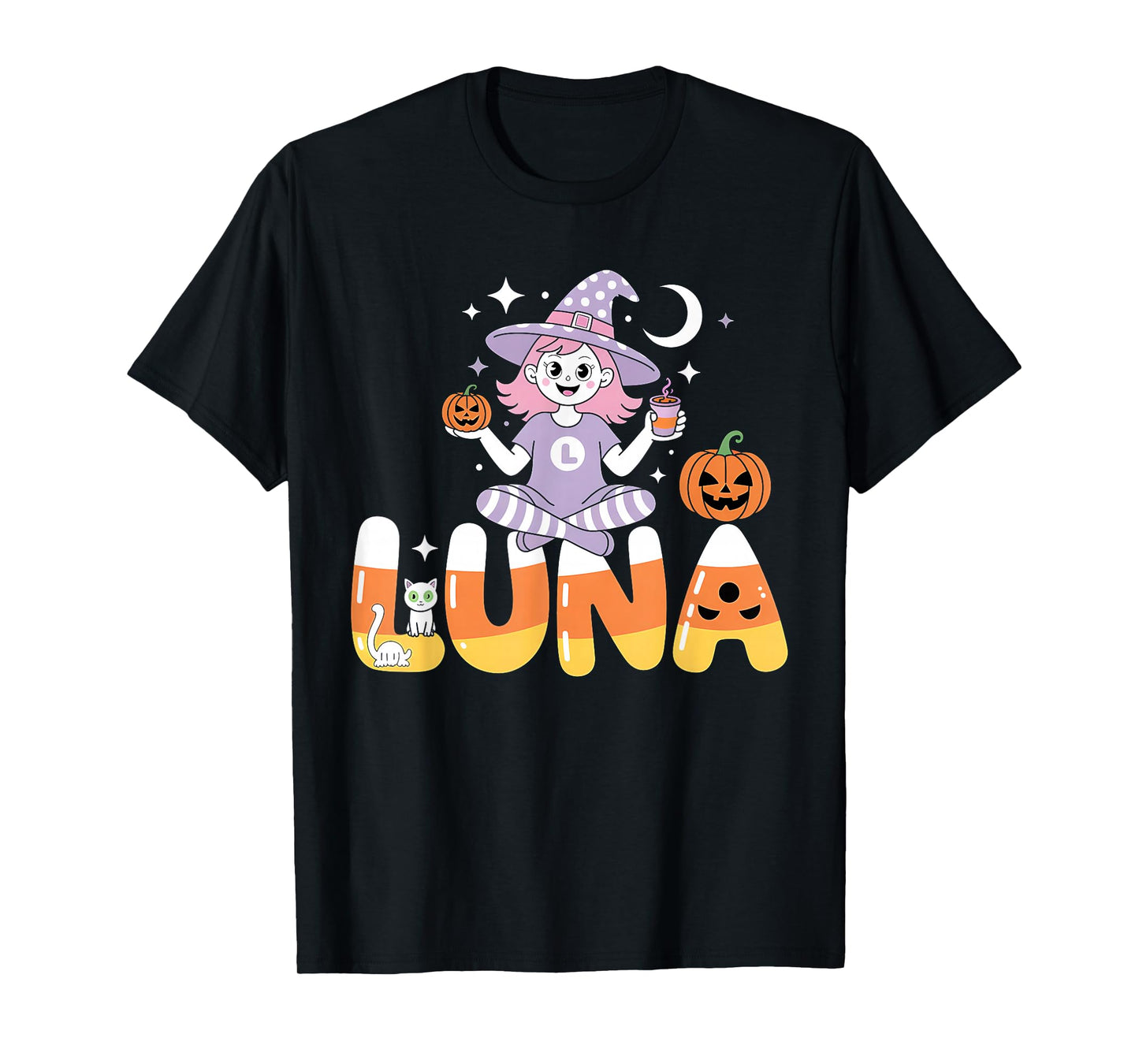 Luna Witch Candy Corn Cat Halloween Women and Girls T-Shirt