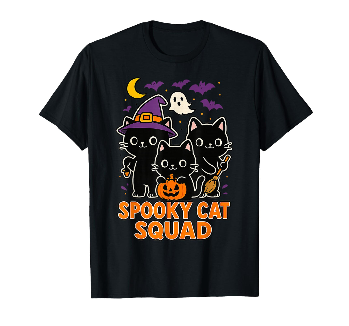 Spooky Black Cat Squad Pumpkin Cute Halloween Kawaii Cartoon T-Shirt