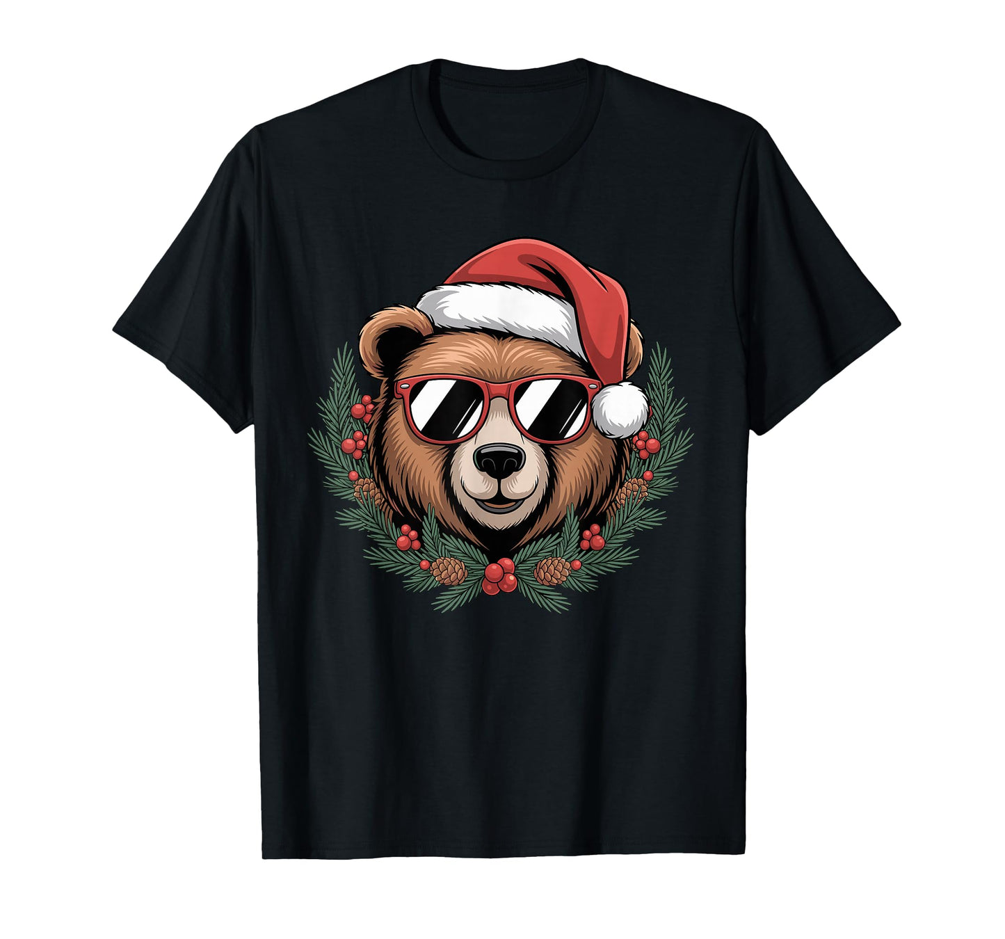 Christmas Bear with Santa Hat and Wreath Sunglasses T-Shirt