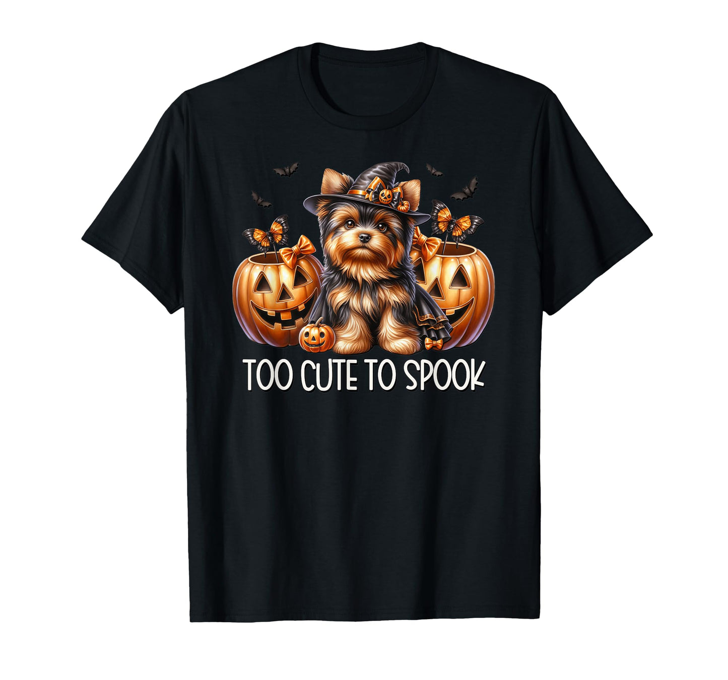 Pumpkins and Bats Halloween Yorkie is Too Cute to Spook T-Shirt