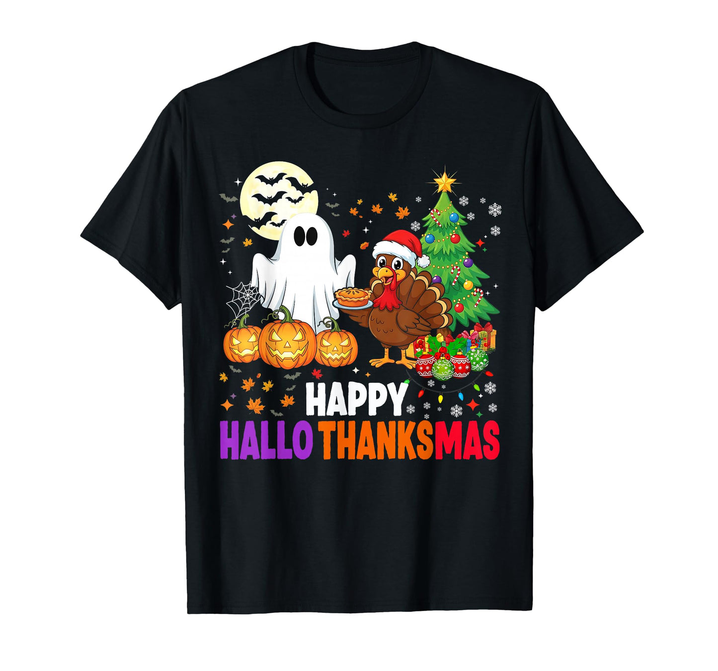 Happy HalloThanksMas Ghost 2025 Funny Halloween Thanksgiving T-Shirt