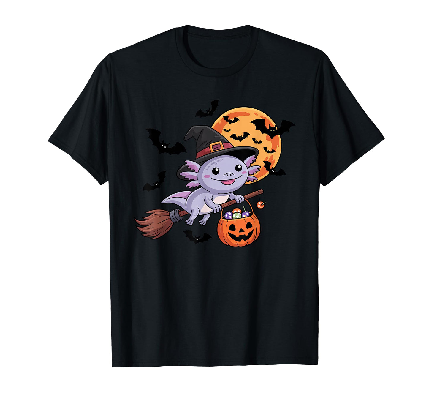 Kawaii Axolotl in Witch Hat on a Broom Halloween Costume T-Shirt