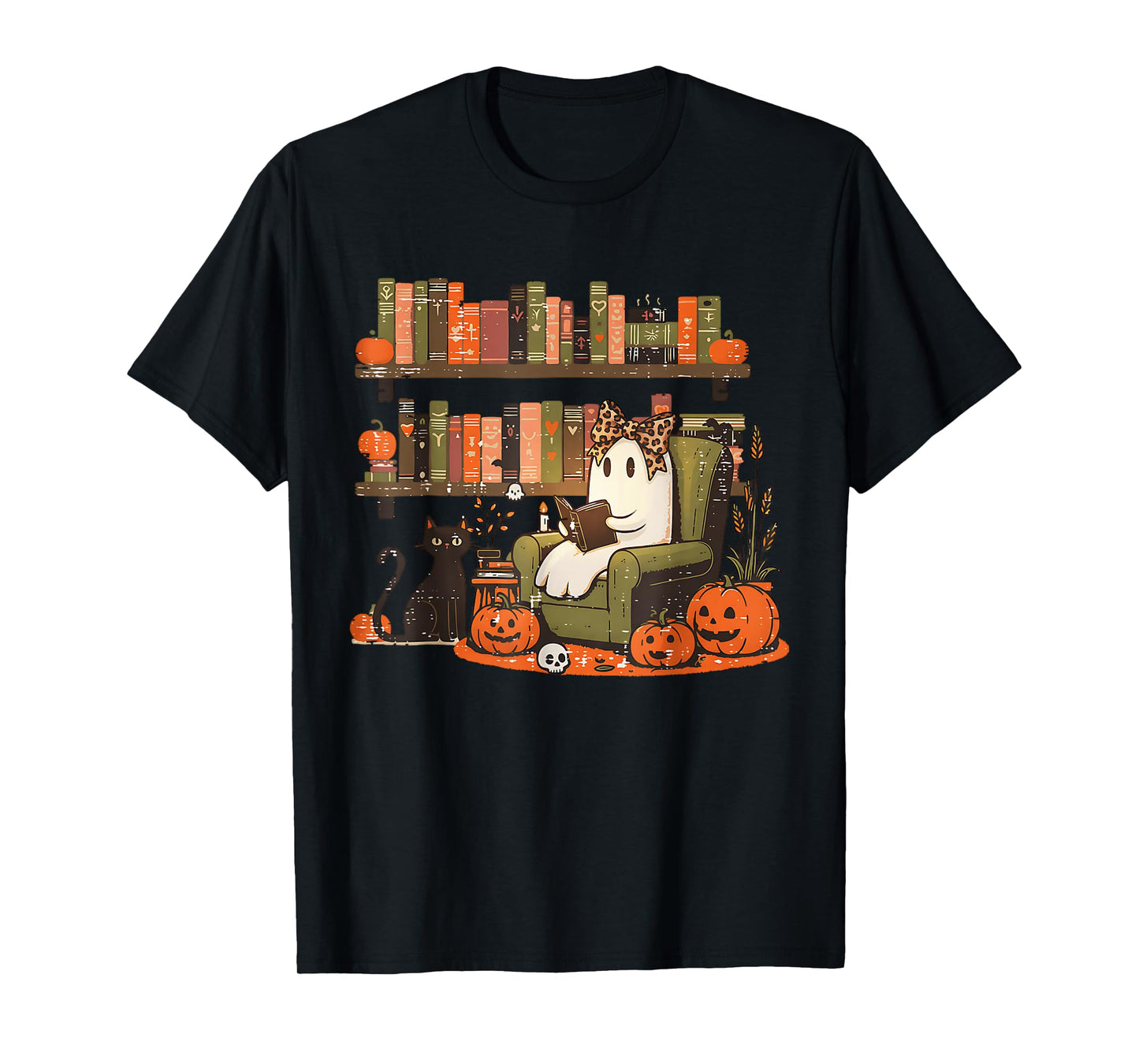 Leopard Coquette Bow Ghost Library Reading Books Halloween T-Shirt