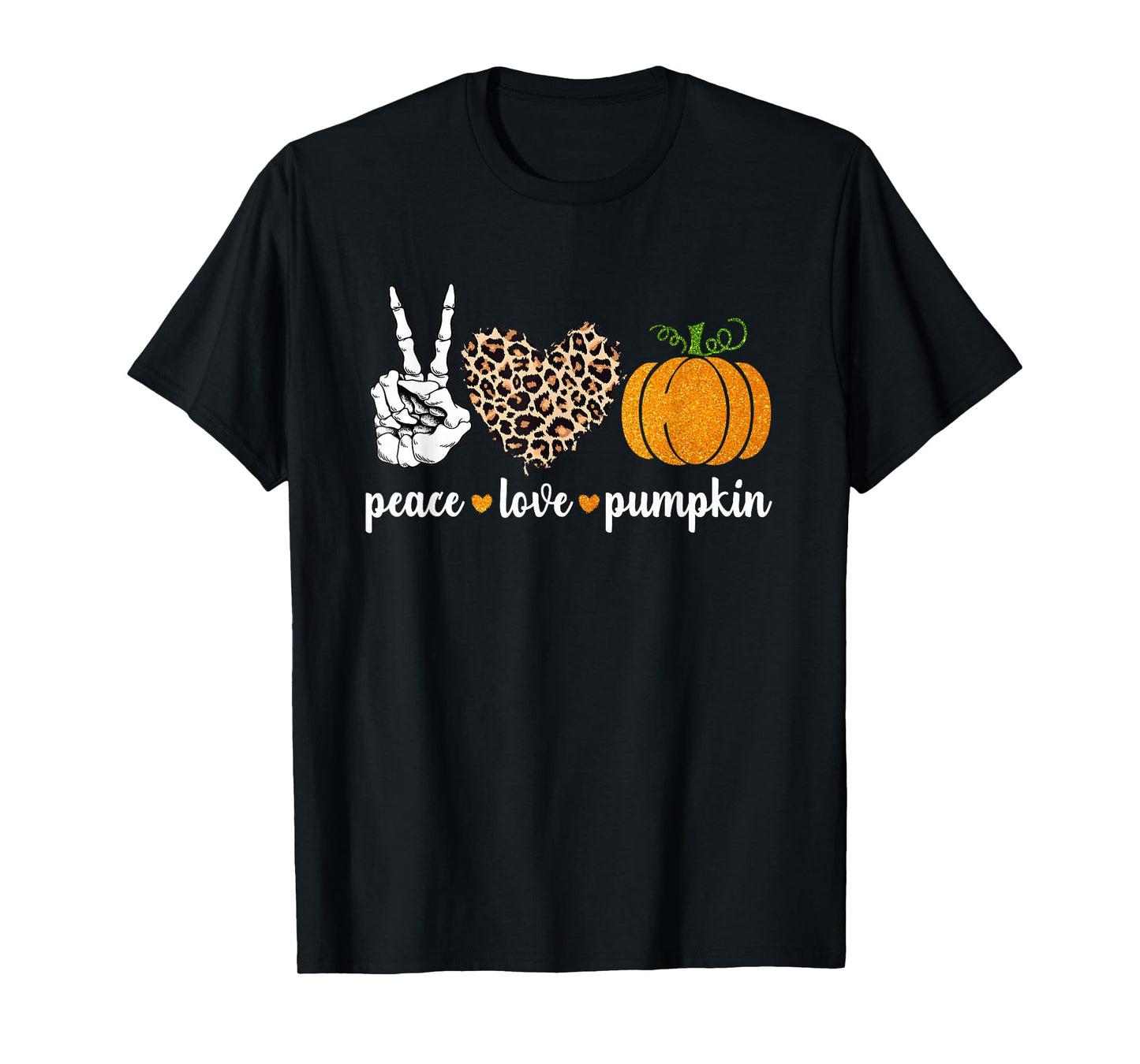 Peace Love Pumpkin Halloween Leopard Pumpkin Skeleton Hands T-Shirt
