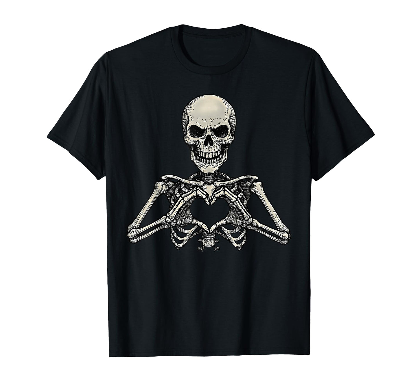 Skeleton Hands Heart Sign Scary Face Funny Halloween Costume T-Shirt