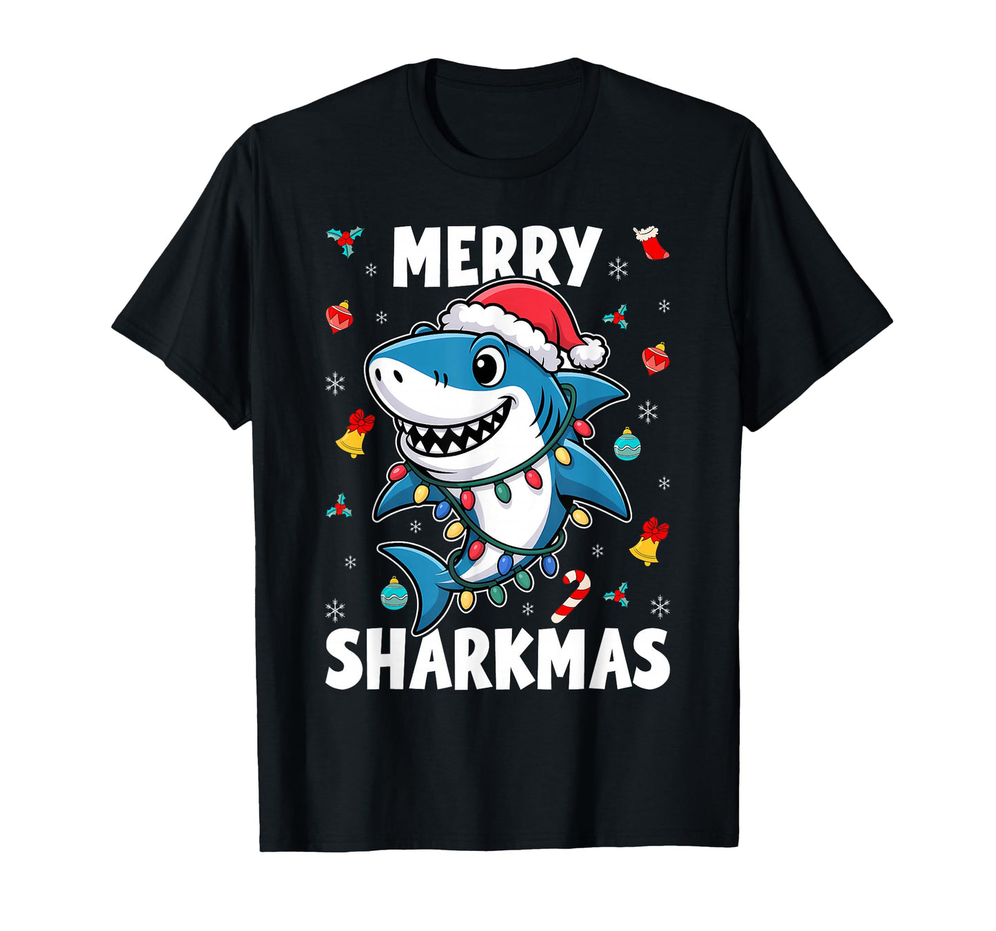 Santa Shark Christmas Lights Boys Merry Sharkmas Xmas T-Shirt