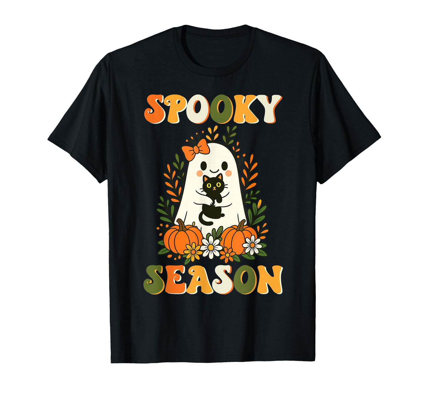 Spooky Season Ghost with Black Cat and Pumpkins Halloween T-Shirt