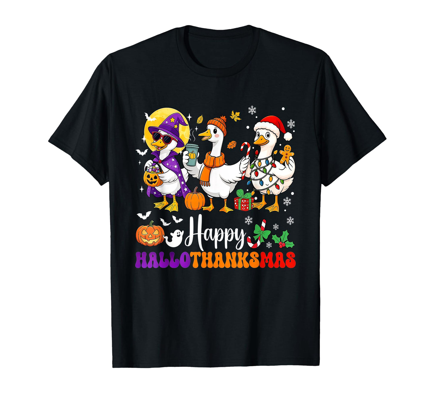Happy HalloThanksMas Goose Halloween Thanksgiving Christmas T-Shirt