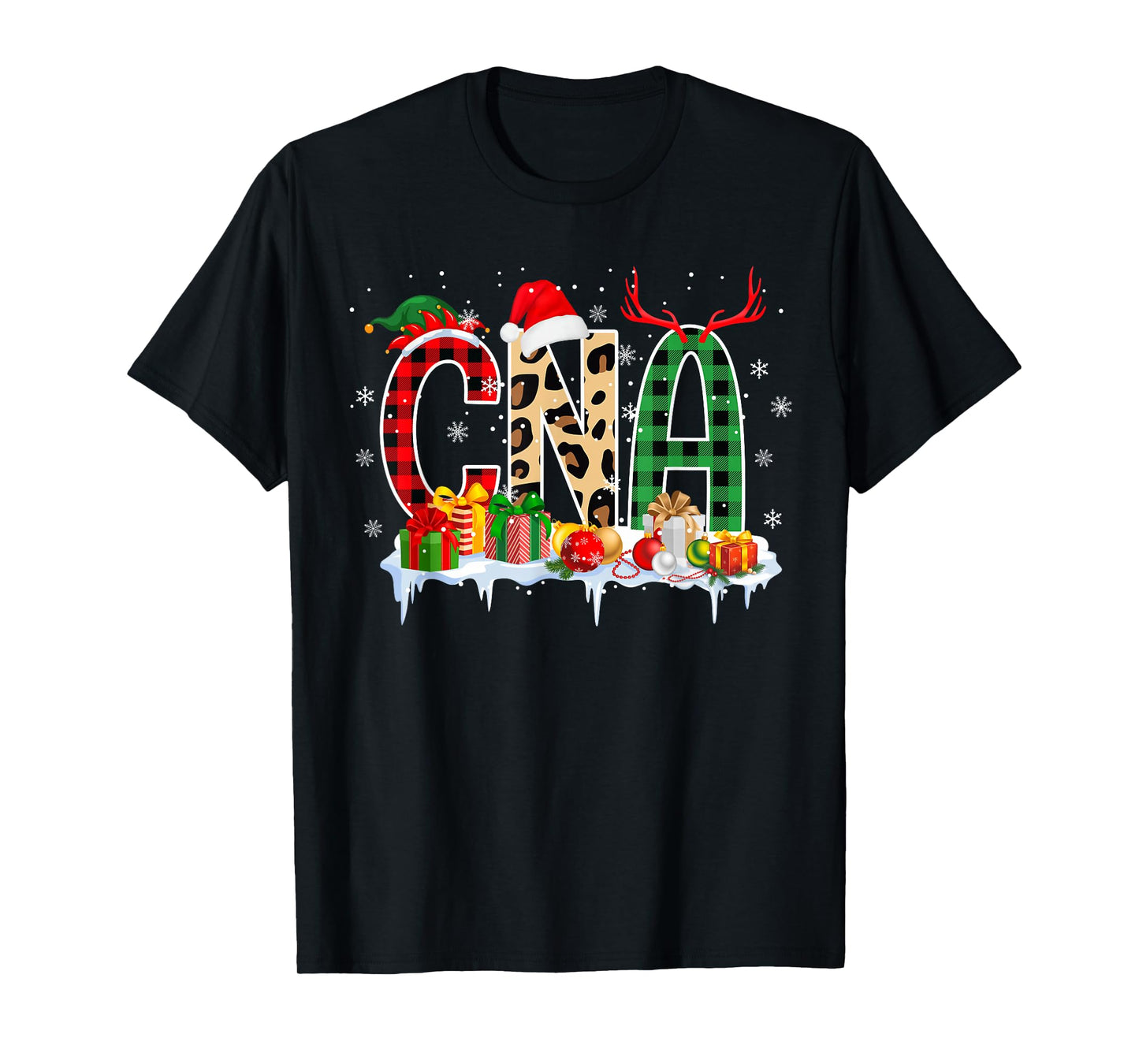 Leopard Red Plaid CNA Nursing Santa Hat Reindeer Christmas T-Shirt