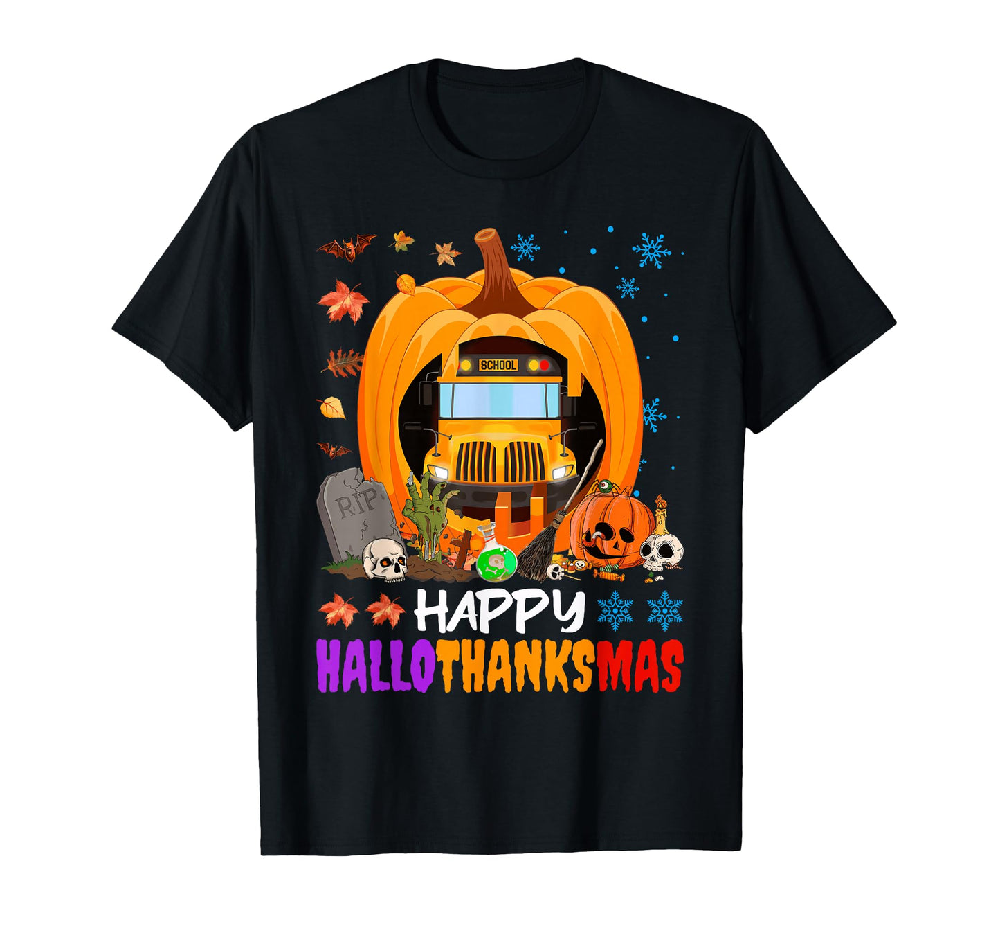 Happy Hallothanksmas School Bus Halloween Thanksgiving Xmas T-Shirt