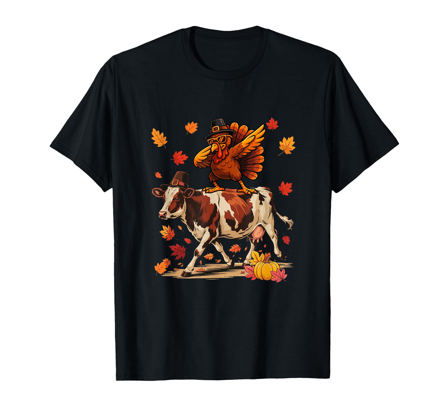 Dabbing Turkey On Cow Thanksgiving Autumn Pilgrim Farmer T-Shirt