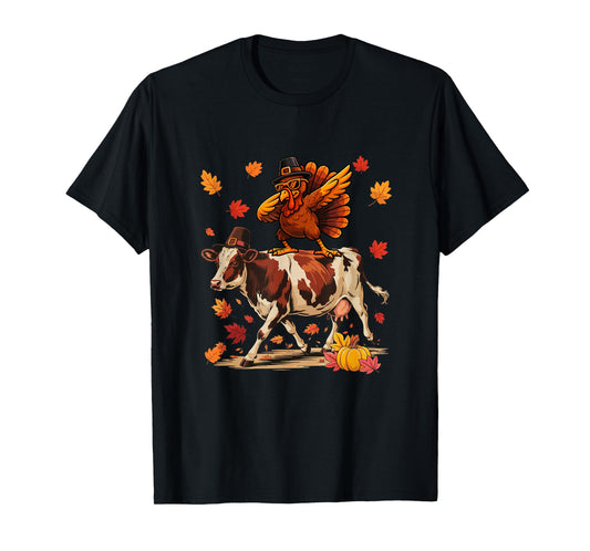 Dabbing Turkey On Cow Thanksgiving Autumn Pilgrim Farmer T-Shirt