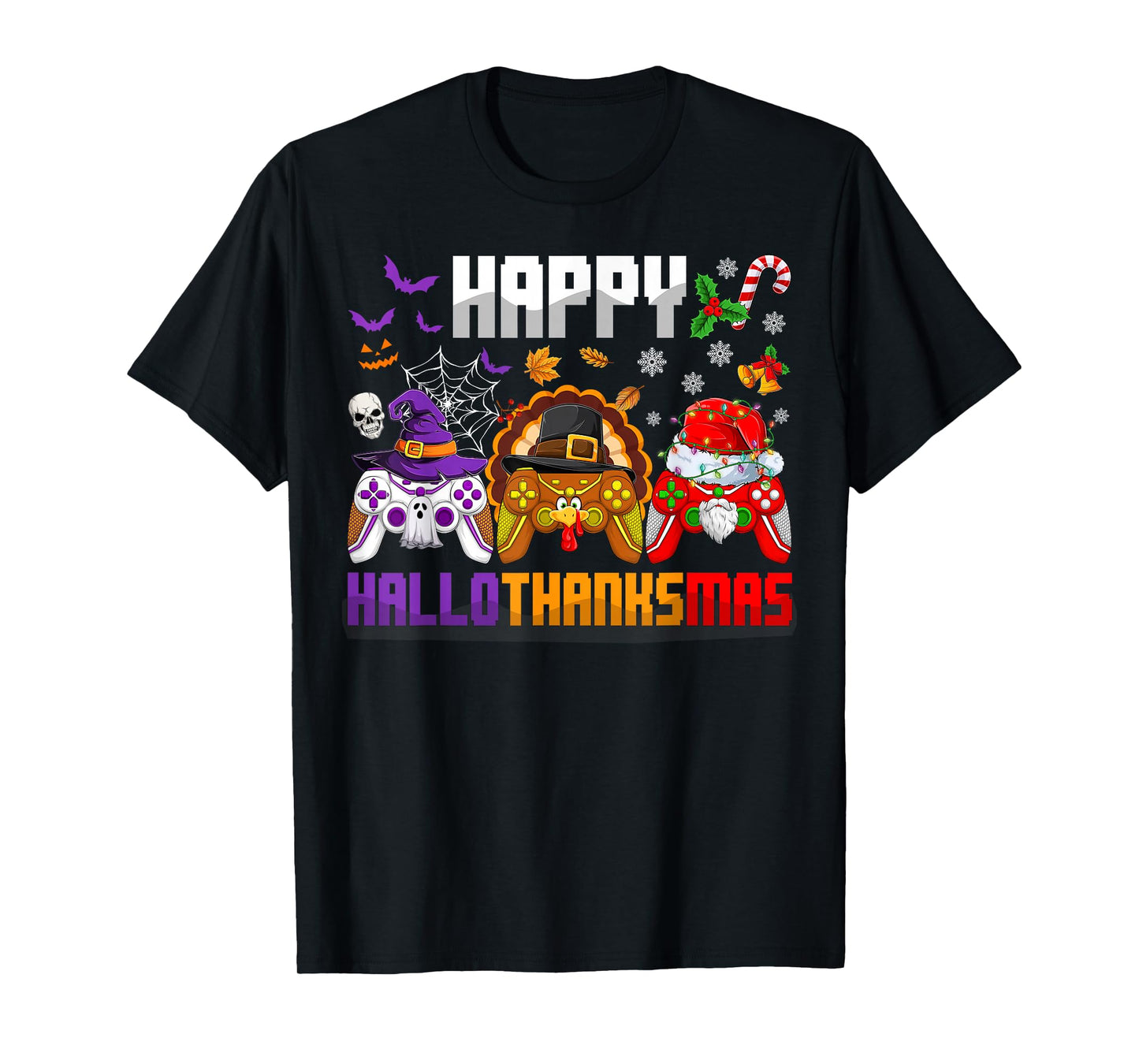 Happy Hallothanksmas Gamers Halloween Thanksgiving Christmas T-Shirt