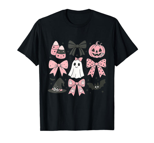 Cute Pink Halloween Ghost Pumpkin Bow Design T-Shirt