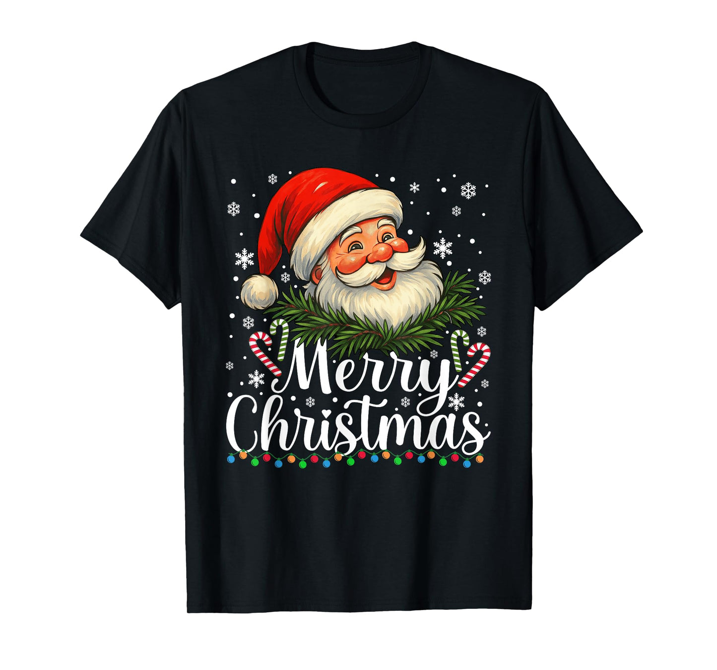 Merry Christmas Lights Santa Face Funny Xmas Matching Family T-Shirt