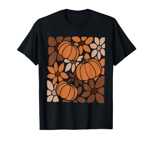 Fall Pumpkins Autumn Flowers Harvest Season Retro Boho Women T-Shirt