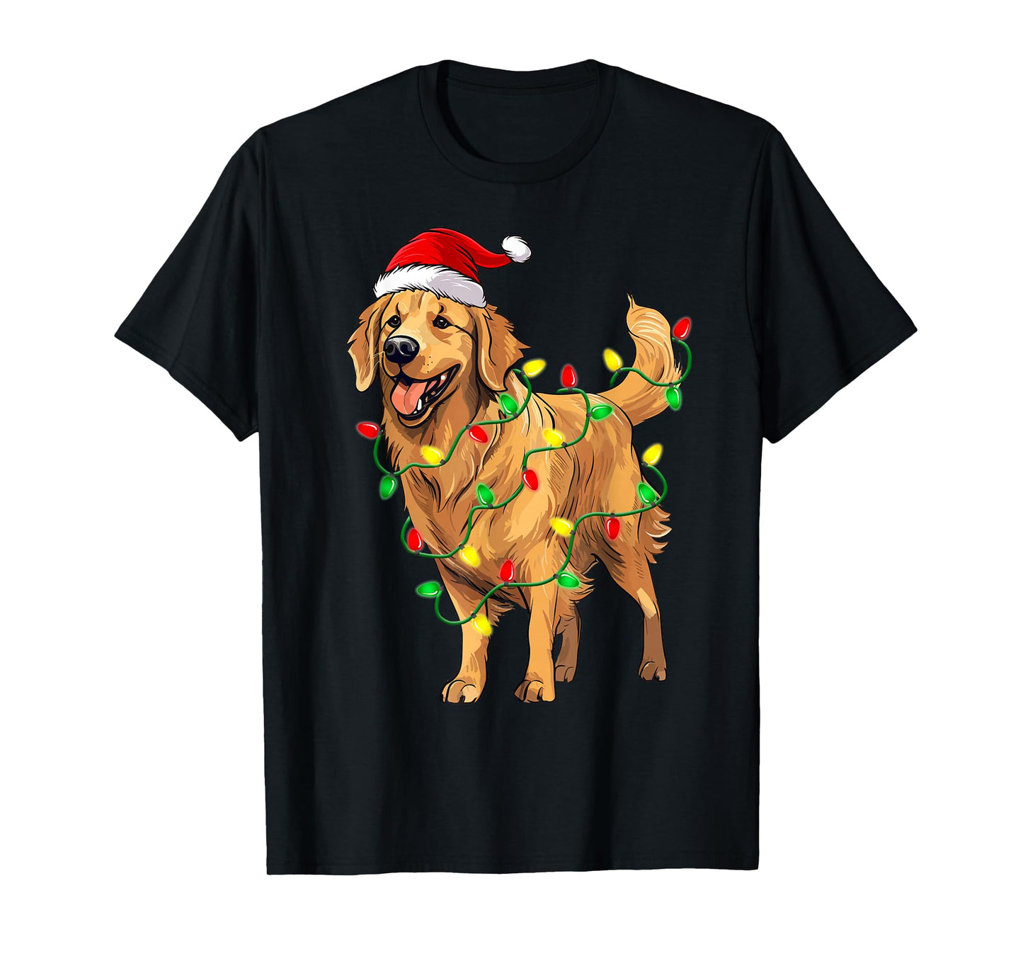 Golden Retriever Christmas Santa Hat Tree Lights Pajama T-Shirt