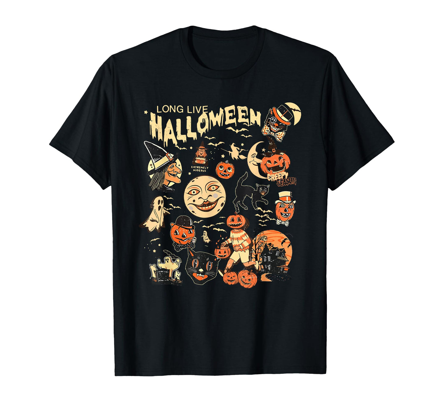 Long Live Halloween Funny Pumpkin Bat Halloween Black Cat T-Shirt