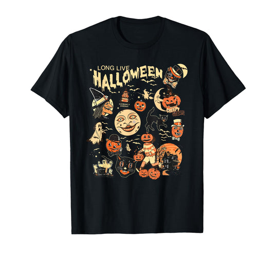 Long Live Halloween Funny Pumpkin Bat Halloween Black Cat T-Shirt