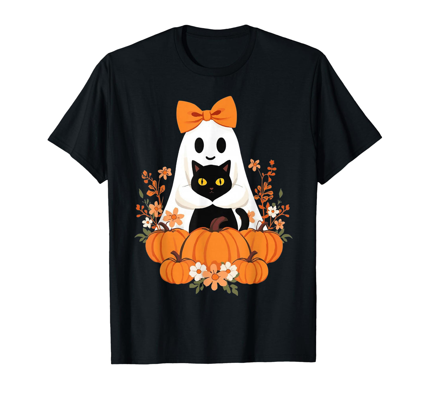 Vintage Halloween Ghost Holding Cat Groovy Floral Cat Meme T-Shirt