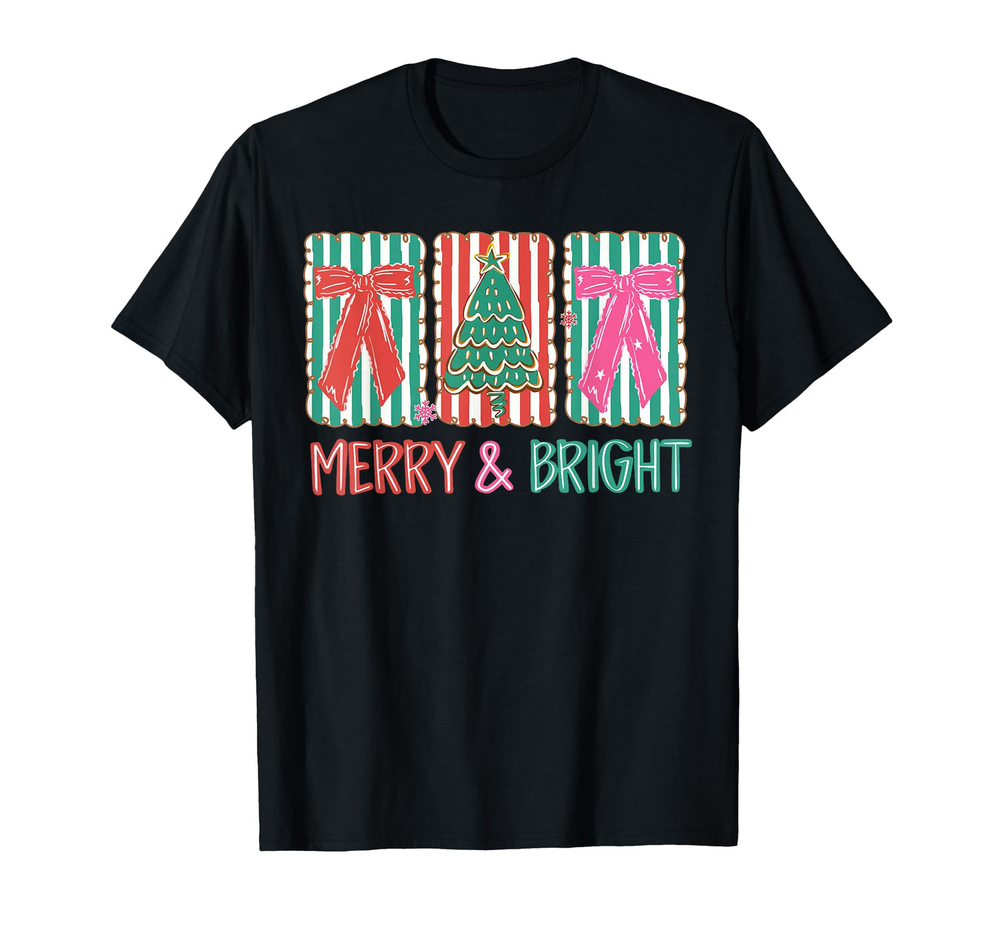 Merry & Bright Christmas Xmas Tree Coquette Bow Holiday T-Shirt